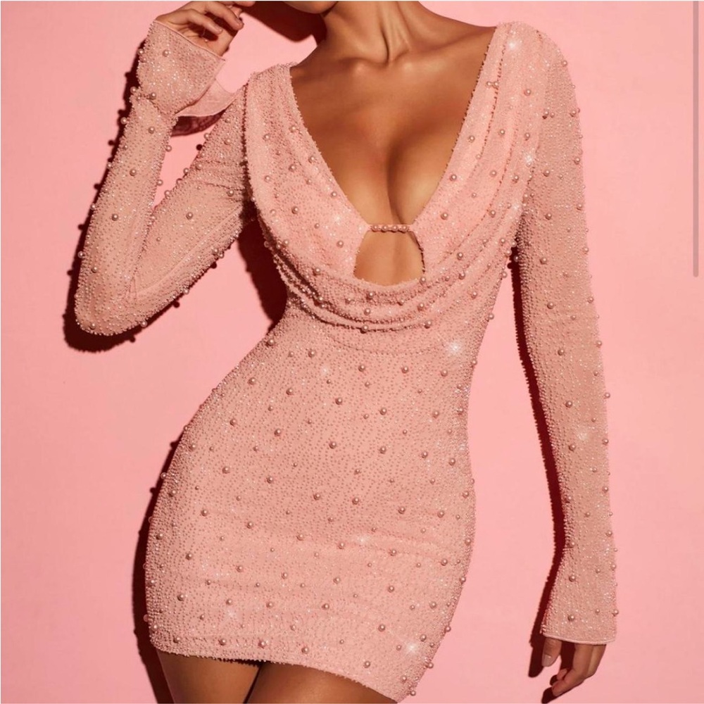Oh Polly Mini Dress Pink with Pearl Embellishments